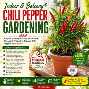 Puede incluir: Una maceta de terracota con una planta de chile. La planta tiene hojas verdes y pimientos rojos, naranjas y verdes. La imagen incluye texto: "Indoor & Balcony Chili Pepper Gardening". El libro ofrece técnicas de cultivo en maceta.