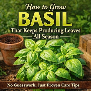 May include: A vibrant image showcasing a thriving basil plant with lush green leaves. The text "How to Grow BASIL" is prominently displayed, along with the promise of continuous leaf production. A terracotta pot and the text "No Guesswork, Just Proven Care Tips" are also visible.