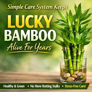Puede incluir: Un jarrón de vidrio transparente contiene bambú de la suerte, con tallos y hojas verdes. El jarrón contiene agua y piedras pequeñas. El texto dice "LUCKY BAMBOO Alive For Years" y "Healthy & Green".