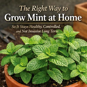 May include: A terracotta pot filled with a thriving mint plant, showcasing bright green leaves. The image features text: "The Right Way to Grow Mint at Home" and "So It Stays Healthy, Controlled, and Not Invasive Long Term."