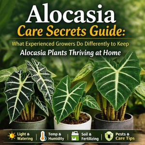 Può includere: Immagine di piante di Alocasia con grandi foglie verdi e venature bianche. Il testo recita "Alocasia Care Secrets Guide: What Experienced Growers Do Differently to Keep Alocasia Plants Thriving at Home." Sono presenti anche icone per luce, temperatura, terreno e parassiti.
