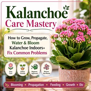 May include: A Kalanchoe plant with vibrant pink flowers in a decorative pink pot. The image includes text that reads "Kalanchoe Care Mastery" and details on growing, propagating, and caring for the plant indoors. Additional icons highlight easy care and year-round blooms.