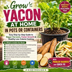 May include: A book cover titled "Grow Yacon at Home in Pots or Containers." The image features a yacon plant in a pot, yacon roots, and a bowl of prepared yacon. Text includes "Sweeter Roots, Healthier You!" and "Problem Diagnosis and Quick Fix."