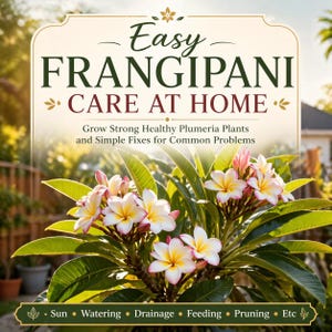 May include: A vibrant image showcasing a frangipani plant with white and yellow flowers, edged with pink. The text reads "Easy Frangipani Care at Home" with tips on sun, watering, drainage, feeding, pruning, etc. The background is a sunny garden setting.