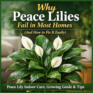 May include: A lush peace lily plant with vibrant green leaves and white flowers with yellow centers. The image includes text that reads "Why Peace Lilies Fail in Most Homes (And How to Fix It Easily)" and "Peace Lily Indoor Care, Growing Guide & Tips."