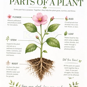 Op de afbeelding: Een educatieve poster getiteld Understanding the PARTS OF A PLANT met een centrale illustratie van een groene plant met roze bloemen, knoppen, bladeren en wortels. Tekstlabels identificeren elk onderdeel met hun functies.