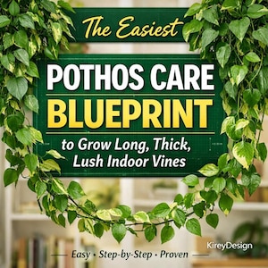 Puede incluir: Un diseño gráfico verde y amarillo con el texto "The Easiest Pothos Care Blueprint" y "to Grow Long, Thick, Lush Indoor Vines". La imagen está enmarcada por vides de potos verdes. La parte inferior del gráfico dice "Easy, Step-by-Step, Proven."