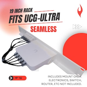 May include: White rack mount for UCG-Ultra, labeled "19 INCH RACK" and "SEAMLESS". Includes mount only, electronics not included. Features a white device with black cables, and a red circle and flame graphic. Measures 19 inches.