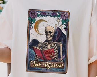 Comfort Colors® The Reader Tarot Card Shirt, Skeleton Reading Shirt, Unisex Tarot Card Shirt, Book Lover Gift, Bookish Gift,Tarot Lover Gift
