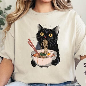 Noodle Cat Shirt, Ramen Cat T-Shirt, Foodie Lover Shirts, Black Cat Noodle T-Shirts, Retro Cat Tees, Cat Lover Sweatshirts, Black Cat Tee