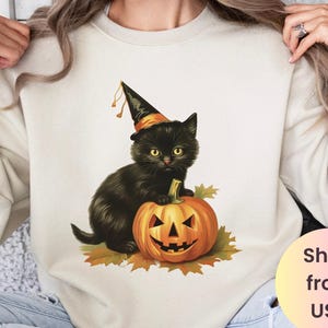 Vintage 90s Cat Halloween Sweatshirt, Retro Halloween Shirt, Spooky Season Tee, Pumpkin Shirt, Cat Lover Shirt, Black Cat, Spooky Season