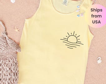 Comfort Colors Sun and Wave Ocean Lake camp hiking Mountain Tank Top, Women’s Mountain Tank, Cute Hiking Shirt, Camping Tank Tops for Her