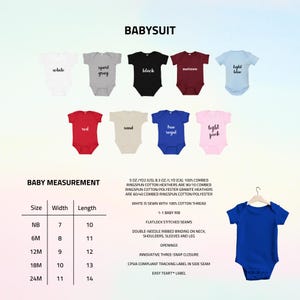 May include: A selection of baby bodysuits in various colours: white, grey, black, maroon, light blue, red, sand, true regal, and light pink. The image also displays baby measurement sizes and features.