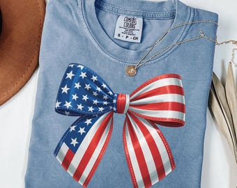 Comfort Colors® Patriotic Bow Shirt, Fourth of July Bow Tee, Red White Blue Bow Shirt, Independence Day Shirt, USA Patriotic Shirt