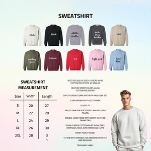 May include: A selection of sweatshirts in various colours, such as white, black, and maroon, is shown. The image includes a size chart with measurements in inches and details about the fabric and features, such as a front pouch pocket.