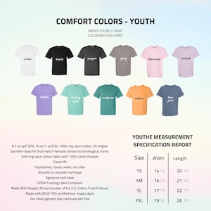May include: A color chart for youth unisex t-shirts, featuring various colors like white, black, and grey. The chart includes measurements in inches for sizes YS, YM, YL, and YXL. The shirts are made of soft ring-spun cotton.