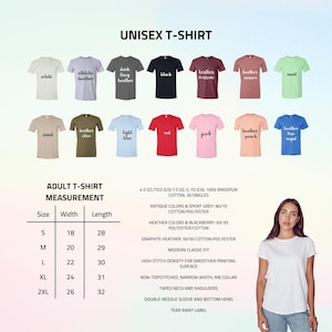 May include: A selection of unisex t-shirts in various colours, including white, black, and heather grey. The image also displays size measurements and fabric details. A woman wearing a white t-shirt is in the image.