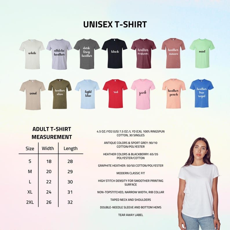 May include: A selection of unisex t-shirts in various colours, including white, black, and heather grey. The image also displays size measurements and fabric details. A woman wearing a white t-shirt is in the image.