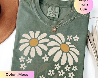Boho Daisy Flower Tee, Comfort Colors Botanical Tee, Wildflower Shirt, Retro Floral T-Shirt, Plant Shirt, Gardener Shirt Trendy Gift For Her