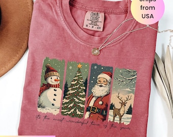 Comfort Colors® Vintage Christmas Shirt, Retro Santa Snowman Tree Deer Tee, It’s The Most Wonderful Time Of The Year, Christmas Gift
