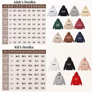 May include: Image of adult and children's hoodies in a range of colours, such as white, black, and grey. A size chart is included, with measurements in inches and centimetres for length, bust, shoulder, and sleeve dimensions.