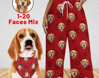 May include: Red pajama pants with a repeating pattern of golden retriever faces and paw prints. The text "1-20 Faces Mix" is displayed. A dog wearing a custom bandana with faces is also shown.