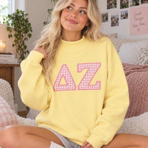 May include: A pale yellow long-sleeve crewneck sweatshirt featuring the Greek letters Delta and Zeta in a pink and white gingham pattern. The letters are appliqued onto the centre of the chest with a pink stitched border around each character.