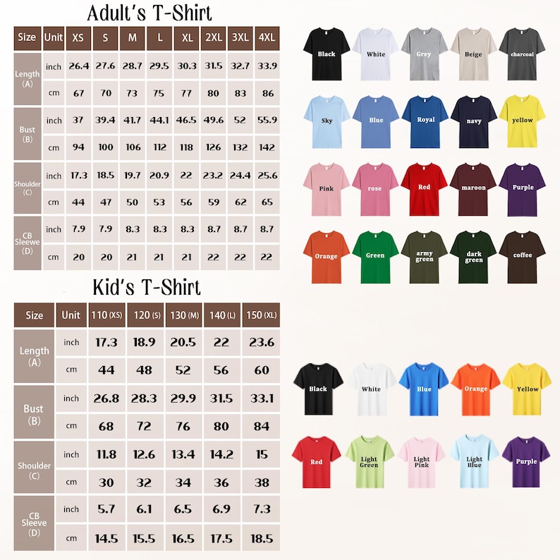 May include: A size chart for adult and kid's t-shirts, showing colours and measurements in inches and centimetres. Colours include black, white, blue, and others. Measurements are given for length, bust, shoulder, and sleeve.