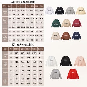 May include: A size chart for adult and kid sweatshirts, with measurements in inches and centimetres. Adult sizes range from S to 4XL, and kid sizes from 110(XS) to 150(XL). Various sweatshirt colours are displayed, including white, black, grey, and red.