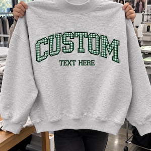 Personalized College Team Sweatshirt, Custom Embroidered Gingham Appliqué Mockneck, Retro Game Day Pullover, School Spirit Gift