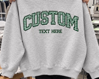 Personalized College Team Sweatshirt, Custom Embroidered Gingham Appliqué Mockneck, Retro Game Day Pullover, School Spirit Gift