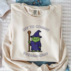 Peut inclure: Sweat-shirt crème avec le texte "OFF TO COMMIT SHENANIGANS" en violet. Le motif représente une grenouille verte portant un chapeau et une robe de sorcier, tenant un bâton. Le sweat-shirt est plié sur une surface blanche.