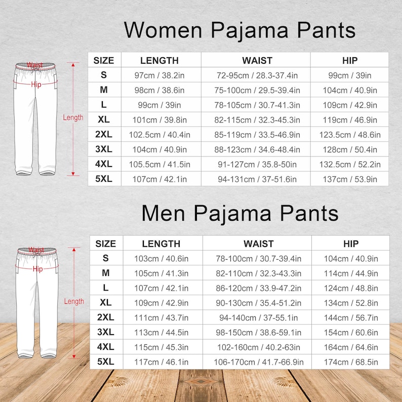 May include: A chart displaying size measurements for women's and men's pajama pants. The chart includes sizes S to 5XL, with measurements for length in inches and centimeters, waist in inches and centimeters, and hip in inches and centimeters.