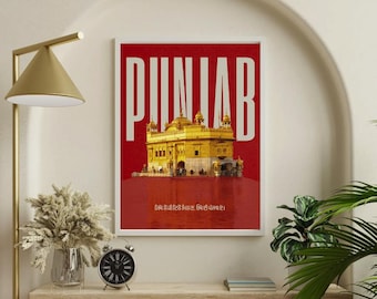 Könnte beinhalten: Ein roter Poster mit dem Wort "PUNJAB" in weißen Buchstaben. Das Poster zeigt ein Foto des Goldenen Tempels in Amritsar, Indien. Der Text am unteren Rand des Posters lautet "ਸ੍ਰੀ ਦਰਬਾਰ ਸਾਹਿਬ ਸ੍ਰੀ ਅੰਮ੍ਰਿਤਸਰ".