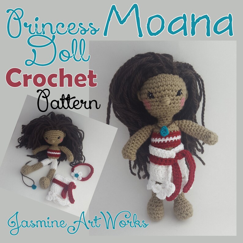 K&ouml;nnte beinhalten: H&auml;kelanleitung f&uuml;r eine Moana-Puppe. Die Puppe ist braun mit schwarzen Haaren und tr&auml;gt ein rot-wei&szlig;es Kleid. Das Muster ist mit "Princess Moana Doll Crochet Pattern" betitelt und stammt von "Jasmine Art Works".