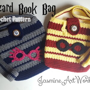 May include: Two crocheted book bags, one in navy blue and gray stripes with pink glasses, the other in red and yellow stripes with black glasses. Both bags have a button closure and a strap. The text "Wizard Book Bag Crochet Pattern" is at the top of the image.