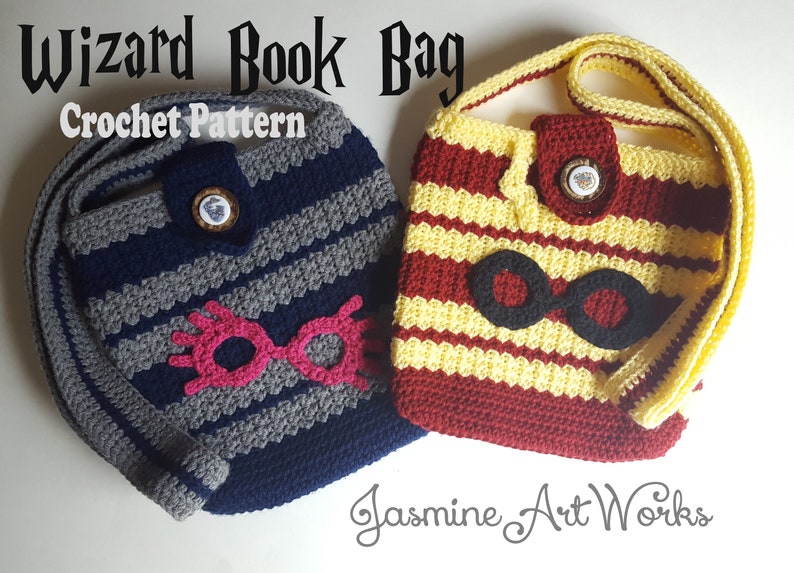 May include: Two crocheted book bags, one in navy blue and gray stripes with pink glasses, the other in red and yellow stripes with black glasses. Both bags have a button closure and a strap. The text "Wizard Book Bag Crochet Pattern" is at the top of the image.