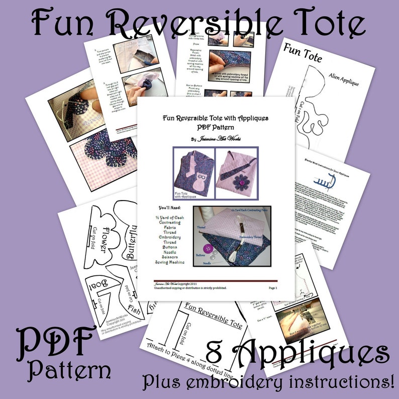 Reversible Tote Bag PDF Sewing Pattern With Appliques Easy and Fun - Etsy