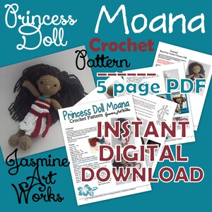 K&ouml;nnte beinhalten: Ein H&auml;kelmuster f&uuml;r eine Moana-Puppe. Das Muster ist ein 5-seitiger PDF-Download und enth&auml;lt Anweisungen zum Herstellen der Haare, des Kleides und des Zubeh&ouml;rs der Puppe. Das Muster steht zum sofortigen Download bereit. Das Bild zeigt auch eine geh&auml;kelte Moana-Puppe.