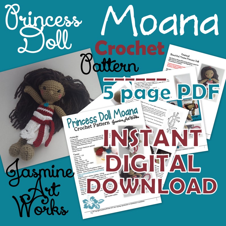 K&ouml;nnte beinhalten: Ein H&auml;kelmuster f&uuml;r eine Moana-Puppe. Das Muster ist ein 5-seitiger PDF-Download und enth&auml;lt Anweisungen zum Herstellen der Haare, des Kleides und des Zubeh&ouml;rs der Puppe. Das Muster steht zum sofortigen Download bereit. Das Bild zeigt auch eine geh&auml;kelte Moana-Puppe.