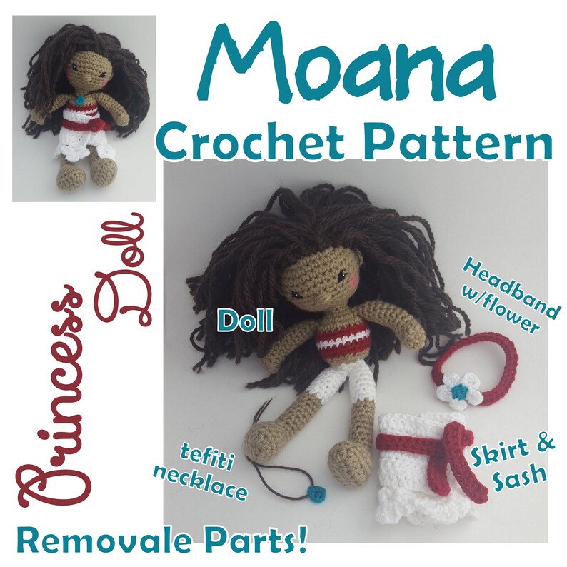 K&ouml;nnte beinhalten: H&auml;kelanleitung f&uuml;r eine Moana-Puppe. Die Puppe ist braun mit schwarzen Haaren und tr&auml;gt einen wei&szlig;en Rock und ein rotes Oberteil. Die Anleitung enth&auml;lt Anweisungen zum Herstellen eines Haarbands mit einer Blume, einer Halskette und eines Rocks mit einer Sch&auml;rpe.