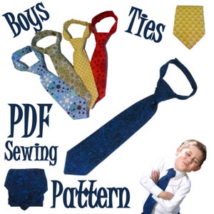 Peut inclure: Patron de couture PDF pour cravates de garçons. Le patron comprend cinq modèles de cravates différents : bleu à pois blancs, jaune à motif nid d’abeille, jaune à motif géométrique, rouge à motif floral et bleu à motif cachemire. Le patron comprend également un nœud de cravate.