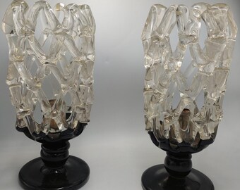 Paire de bougeoirs vintage du milieu du siècle en verre soufflé à la main, toile d'art en treillis de Murano