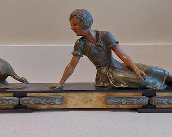 Antique art deco marble spelter lady goose bird sculpture statue