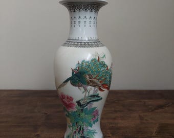 Vintage chinese porcelain famille rose qianlong peacock flower vase 12"