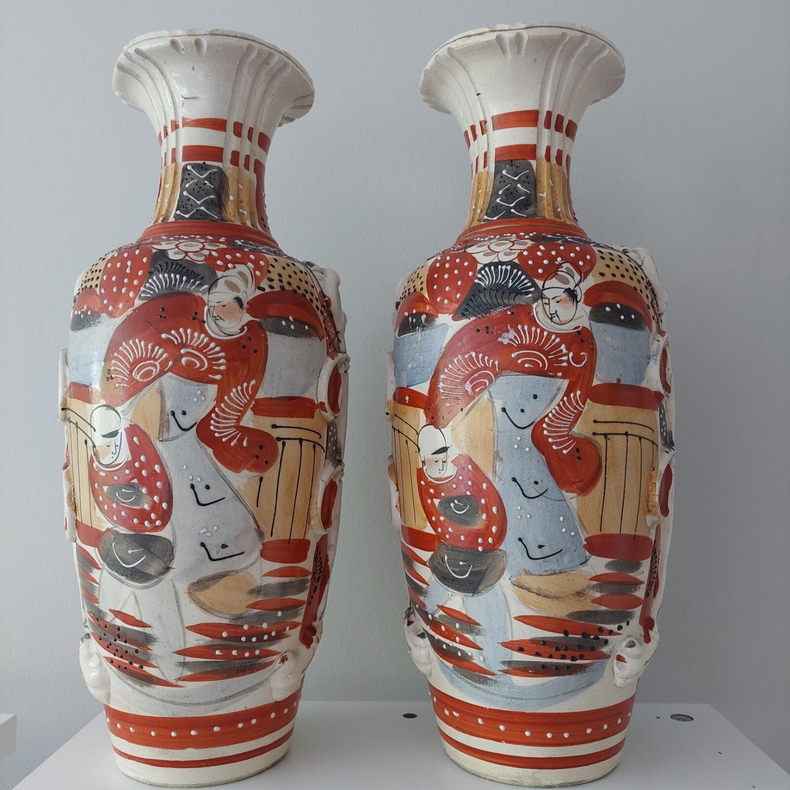 薩摩焼き　陶器花瓶 アンティークな日本製陶器薩摩焼花瓶 ペア 明治時代 XXL - Etsy 日本