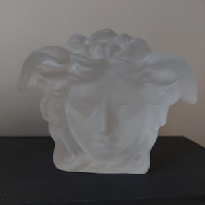 Könnte beinhalten: Eine Skulptur aus mattiertem Glas, die einen Medusenkopf darstellt. Die Skulptur weist detaillierte Gesichtszüge und fließendes Haar auf, mit einem hellen, durchscheinenden Aussehen. Der Kopf steht auf einer dunklen Oberfläche.