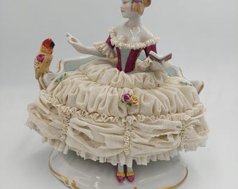 Antique unterweissbach dresden germany lace lady parrot porcelain figurine