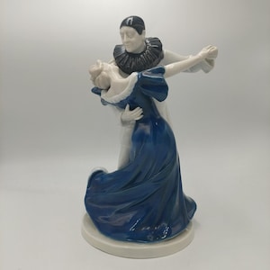 Antica statuetta in porcellana tedesca raffigurante una ballerina di Pierrot in stile Art Déco Heubach