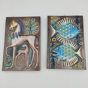 Vintage Pair Wolfgang Bochnia Keramik DDR Riesa Ceramic Wall Plaques Tiles